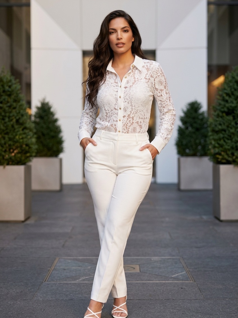 Cable & Gauge Full Lace Button-Up Top
